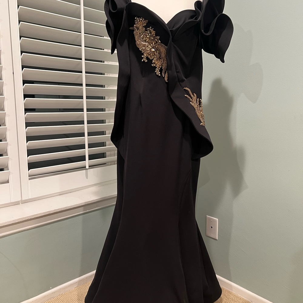 Elegant Black Evening Gown with Gold Embellishments